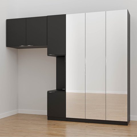 Guarda-Roupa Planejado Solteiro 7 Portas Espelho e Mesa de Cabeceira Hera CabeCasa MadeiraOriginals Preto/Cromado