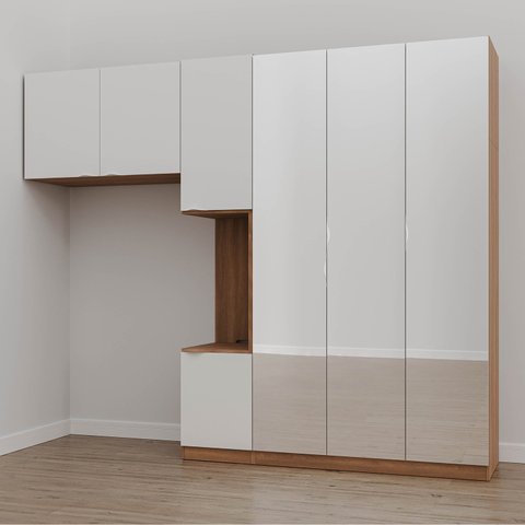 Guarda-Roupa Modulado Solteiro 7 Portas Espelho e Mesa de Cabeceira Hera CabeCasa MadeiraOriginals