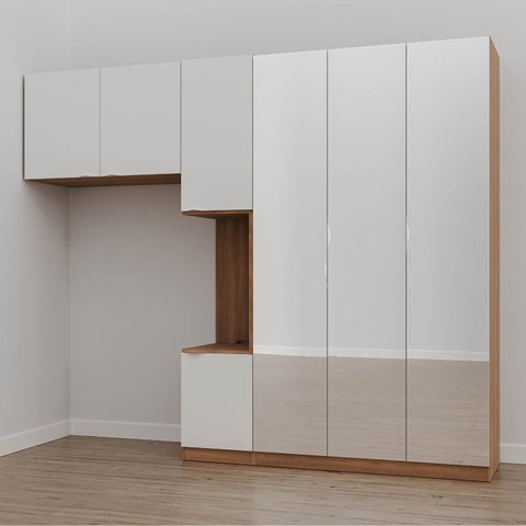 Guarda-Roupa Modulado Solteiro 7 Portas Espelho e Mesa de Cabeceira Hera CabeCasa MadeiraOriginals Marrom/Louro/Algodão/Cromado