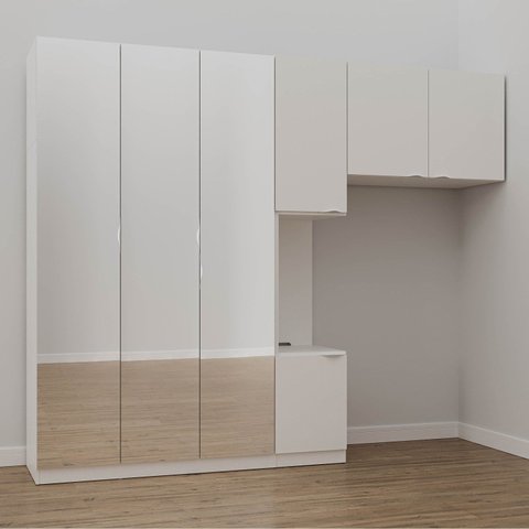 Guarda-Roupa Modulado Solteiro 7 Portas Espelho e Mesa de Cabeceira Hera CabeCasa MadeiraOriginals Branco/Algodão/Cromado
