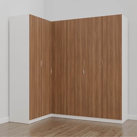 Guarda Roupa Modulado de Canto 6 Portas 3 Peças Hera CabeCasa MadeiraOriginals Branco/Algodão/Louro/Cromado