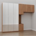 Ver imagem 1 de Guarda-Roupa Modulado Solteiro 7 Portas Espelho e Mesa de Cabeceira Hera CabeCasa MadeiraOriginals Marrom/Louro/Cromado