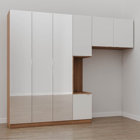 Guarda-Roupa Modulado Solteiro 7 Portas Espelho e Mesa de Cabeceira Hera CabeCasa MadeiraOriginals Marrom/Louro/Algodão/Cromado