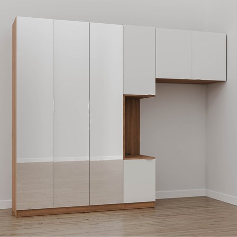 Guarda-Roupa Modulado Solteiro 7 Portas Espelho e Mesa de Cabeceira Hera CabeCasa MadeiraOriginals