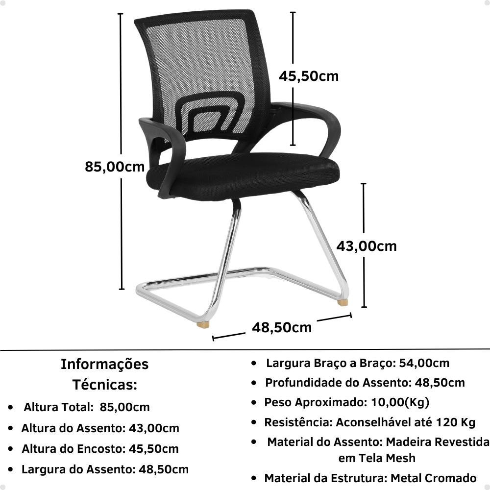 Kit 2 Cadeiras de Escritório Secretária Base Fixa - Preto - 8