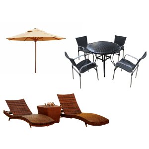 Kit 4 Cadeiras e Mesa, 2 Espreguiçadeiras Bona e Mesa com Ombrelone - Piscina, Jardim, Área Trama Or