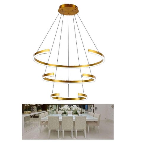 Lustre Pendente 3 Aneis Arco Perfil Luminaria Ajustavel 94w Dourado Sala de Estar Casa