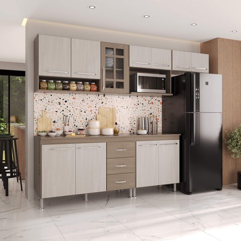 Armário de Cozinha Modulada Completa Fidelitá Paris 5 Peças 260cm 11 Portas 3 Gavetas com Tampo