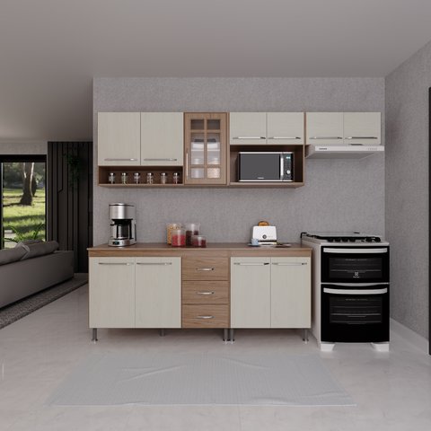 Cozinha Modulada Completa Fidelitá Paris 5 Peças 260cm 11 Portas 3 Gavetas com Tampo
