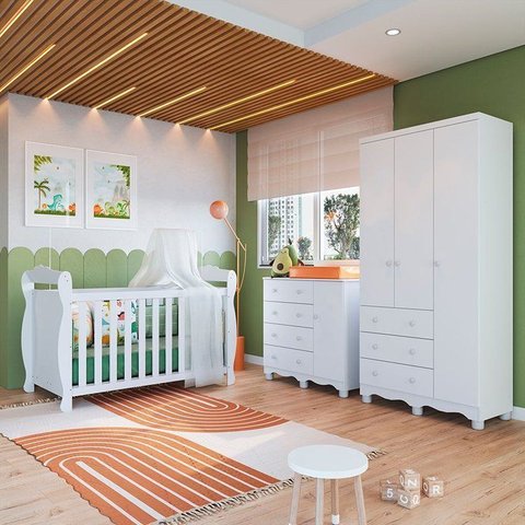 Quarto de Bebê com Berço 3EM1 Guarda-Roupas e Cômoda Nina 100% MDF Espresso Móveis Branco