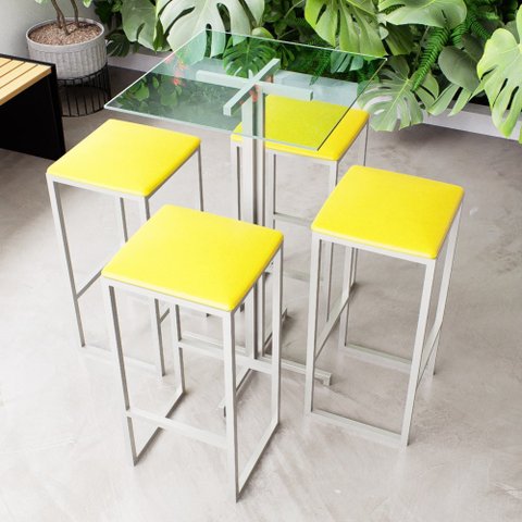 Conjunto Mesa Alta Bar Bistrô Quadrada Vidro 4 Bancos Estofado Don Castro Decor