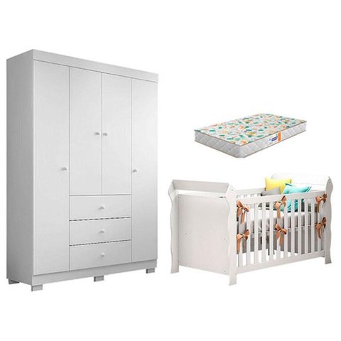 Berço Americano Lara e Guarda Roupa Duda 4 Portas Branco Brilho com Colchão Gazin