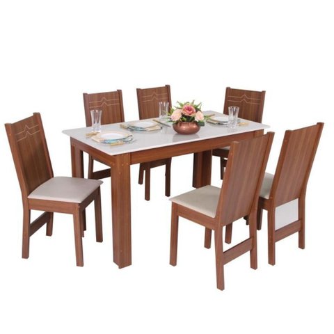 Conjunto Mesa Luiza Retangular com 6 Cadeiras Paraty Bagum Bege Naturalle e Off