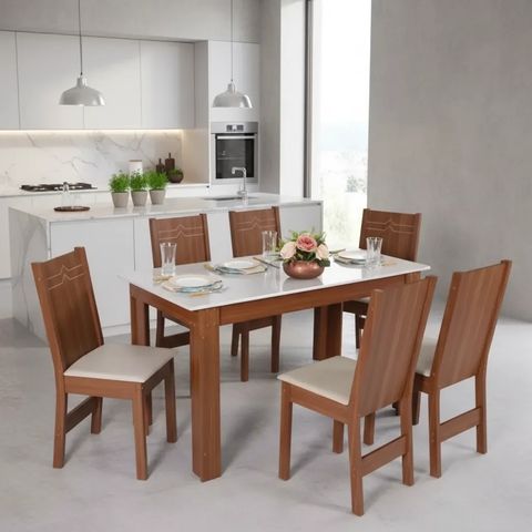 Conjunto Mesa Luiza Retangular com 6 Cadeiras Paraty Bagum Bege Naturalle e Off