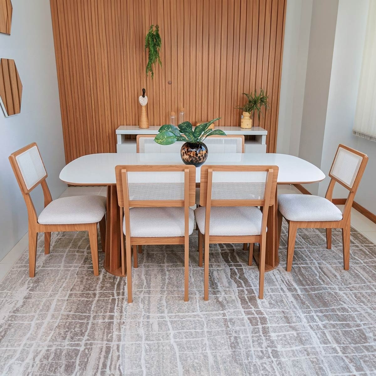 Conjunto Mesa Oval 6 Cadeiras de Jantar Tela no Enconto 100% Mdf Off White Dalla Costa