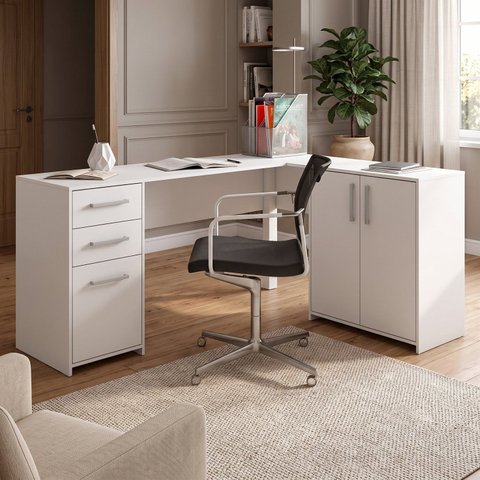 Mesa Escrivaninha em L 2 Gavetas 3 Portas 157CMX73,9CMX45CM