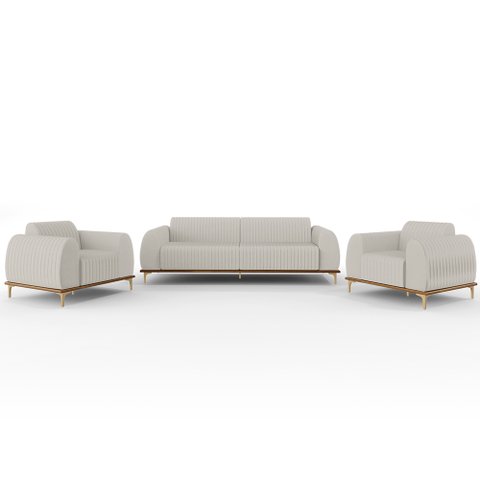 Kit Sofá 2 Lugares 150cm com 2 Poltronas Molino Pés D'ouro D02 Linho Cru C-443 - Lyam Decor
