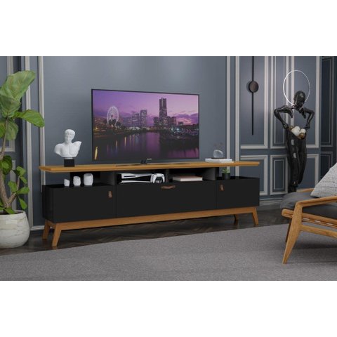 Rack ABS 1.80m Estilo Retrô Com Pés em Madeira e Puxadores em Couro Para TV Até 70'' 3 Portas Cor Na
