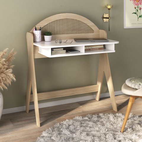 Escrivaninha Mesa Escritório com e Detalhe em Impressão Palha Juli 2 Nichos 90cm Naturale e Branco Bege/Marrome
