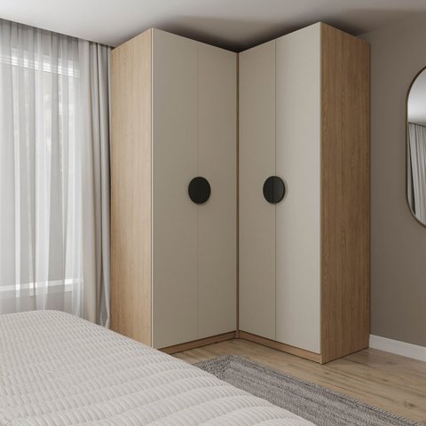 Guarda-Roupa Modulado Joy 2 Peças Canto, Nicho com 2 Gavetas CabeCasa MadeiraOriginals Cinza/Sereno/Avena