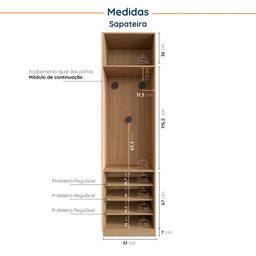 Guarda-roupa Modulado Joy 3 Peças Canto, Nicho com 2 Gavetas e Sapateira CabeCasa MadeiraOriginals - 7