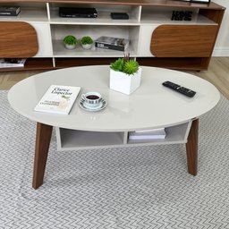 Mesa de Centro com Tampo Oval e Pés em MDF Diva Bege - 14 Mesa de Centro com Tampo Oval e Pés em MDF Diva Bege - 14