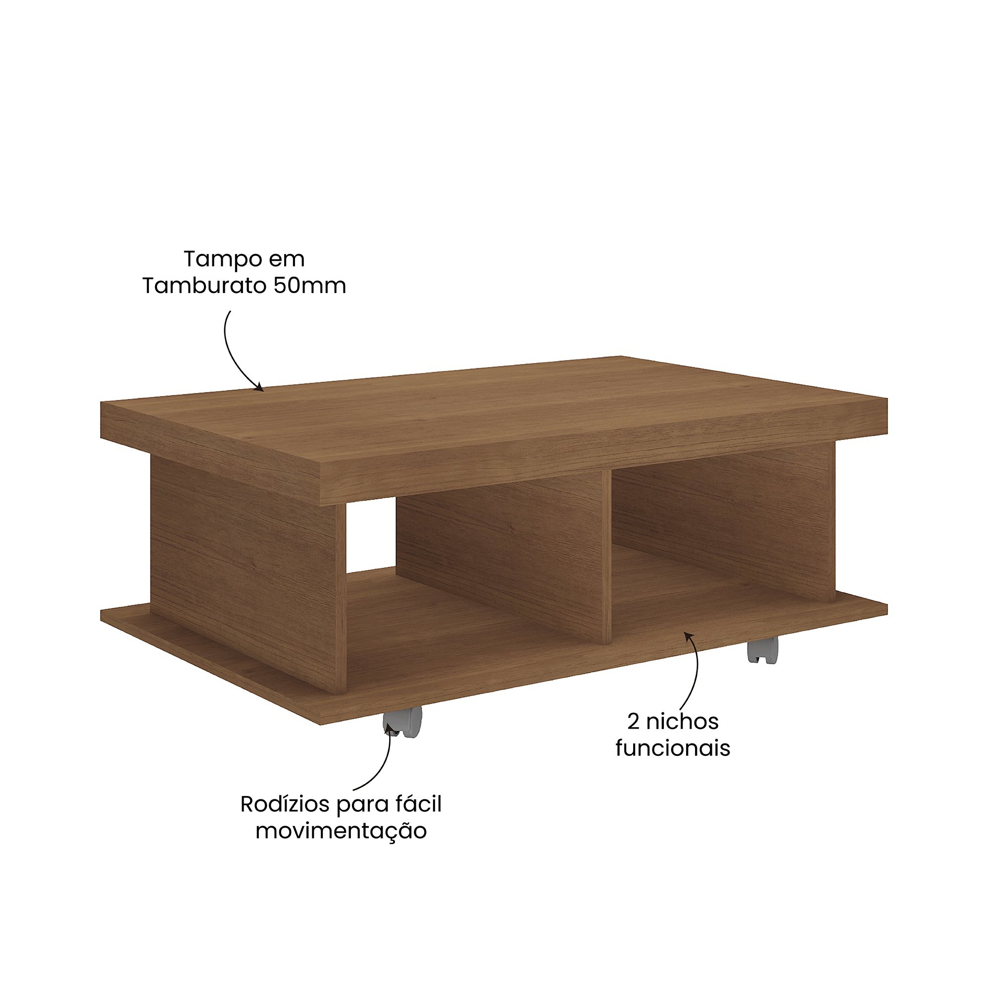 Mesa de Centro Minimalista com Rodízios e 2 Nichos Dunas - 5