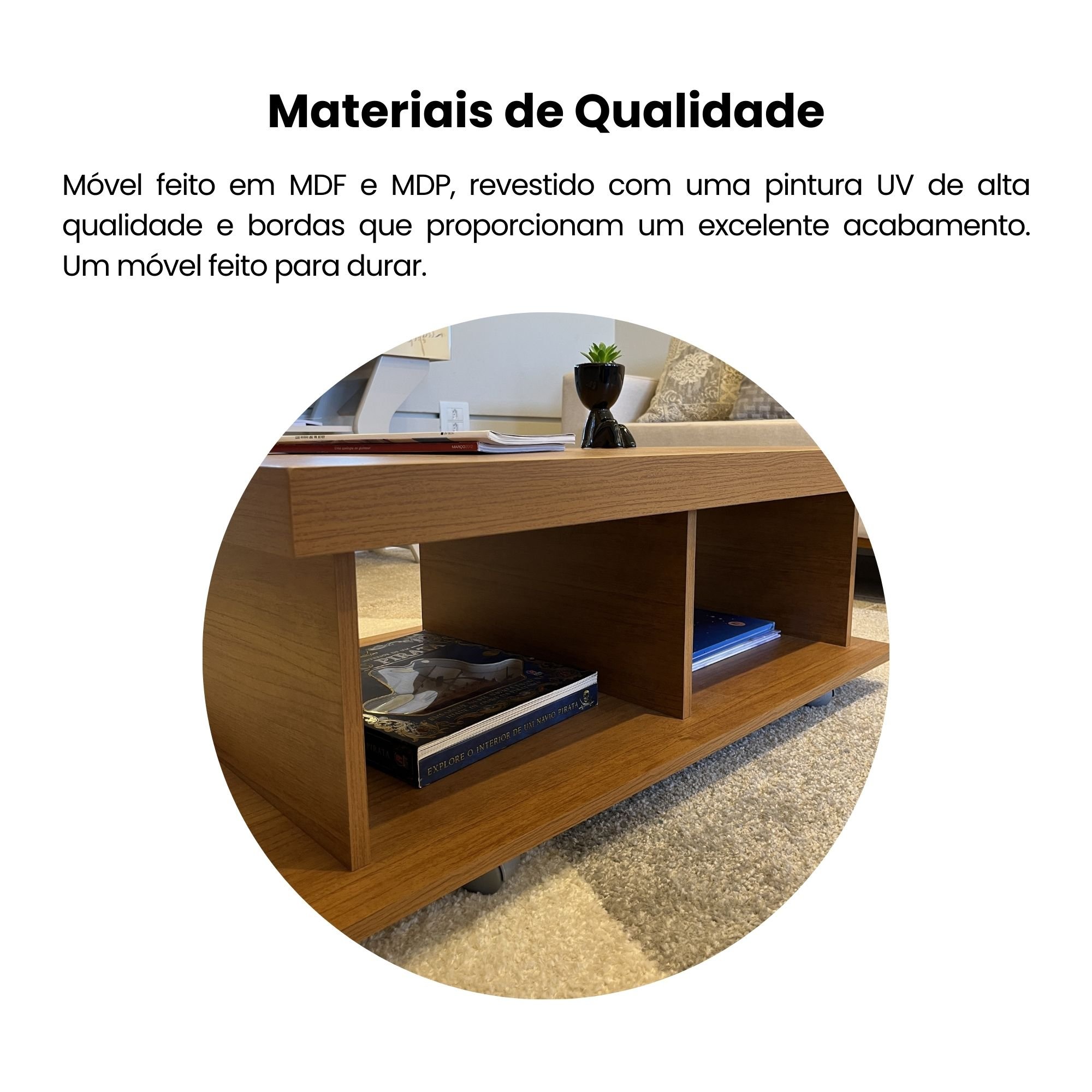 Mesa de Centro Minimalista com Rodízios e 2 Nichos Dunas - 9