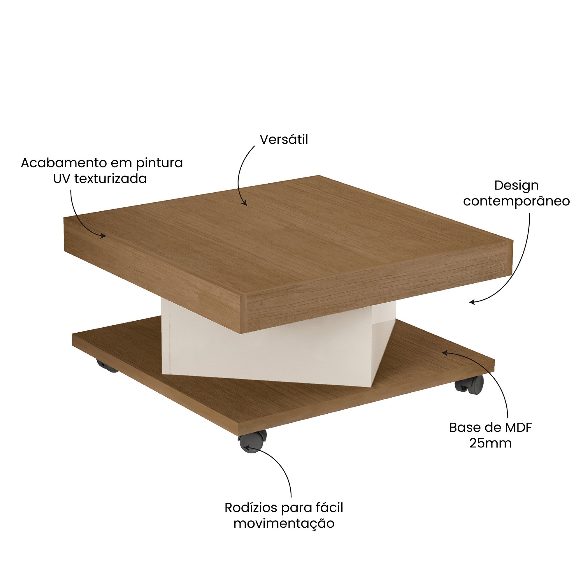 Mesa de Centro com Rodízio Quadrada Saara - 6