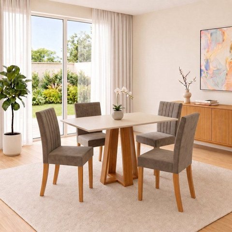 Conjunto Sala de Jantar Mesa Lisa 120cm Tampo MDF Canto Reto 4 Cadeiras Lily
