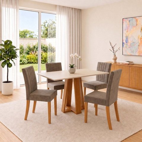 Conjunto Sala de Jantar Mesa Lisa 120cm Tampo MDF Canto Reto 4 Cadeiras Lily
