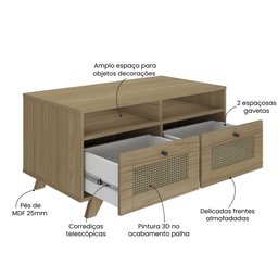 Mesa de Centro 2 Gavetas e Detalhe em Impressão Palha Trama - 5