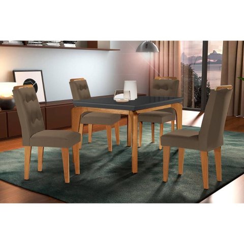 Conjunto: Mesa Sala Jantar Londrina C/ Tampo Madeirado C/ Vidro Canto Curvo 120x80cm e 4 Cadeiras