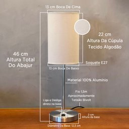 Abajur Luminária de Mesa Quarto ou Sala Redondo Escovado com Interruptor com Cúpula Bege - 3