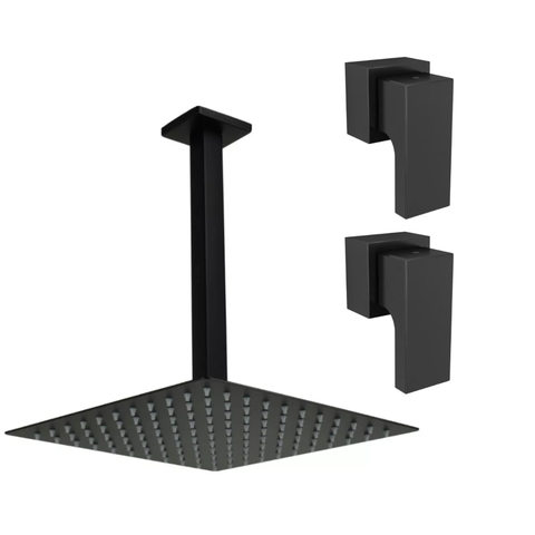 Kit Ducha 20x20 Slim Teto C/ 2 Acabamentos P/ Registro Base Deca 16 Estrias até 1'' Pol Preto Fosco