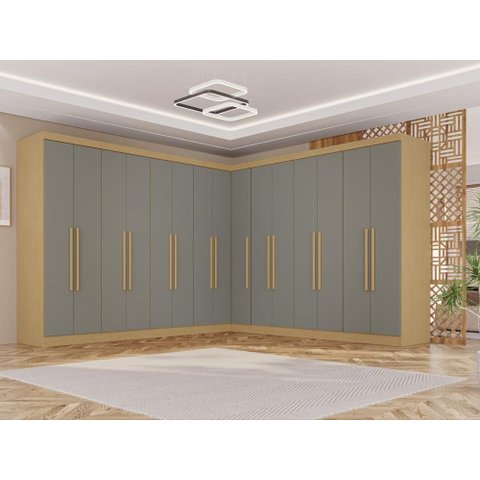Guarda-Roupa Casal Modulado de Canto 15 Portas 6 Gavetas Multimóveis Madeirado/Cinza