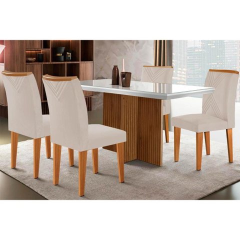 Sala de Jantar Completa Berlim C/ Tampo Madeirado Vidro Canto Curvo 120x80cm e 4 Cadeiras Amsterdã