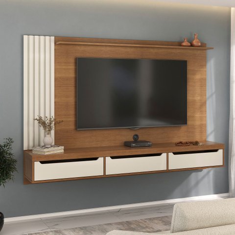Painel Ripado para TV até 75 Polegadas MDF 200CMX137,5cm 3 Gavetas Presence Marrom