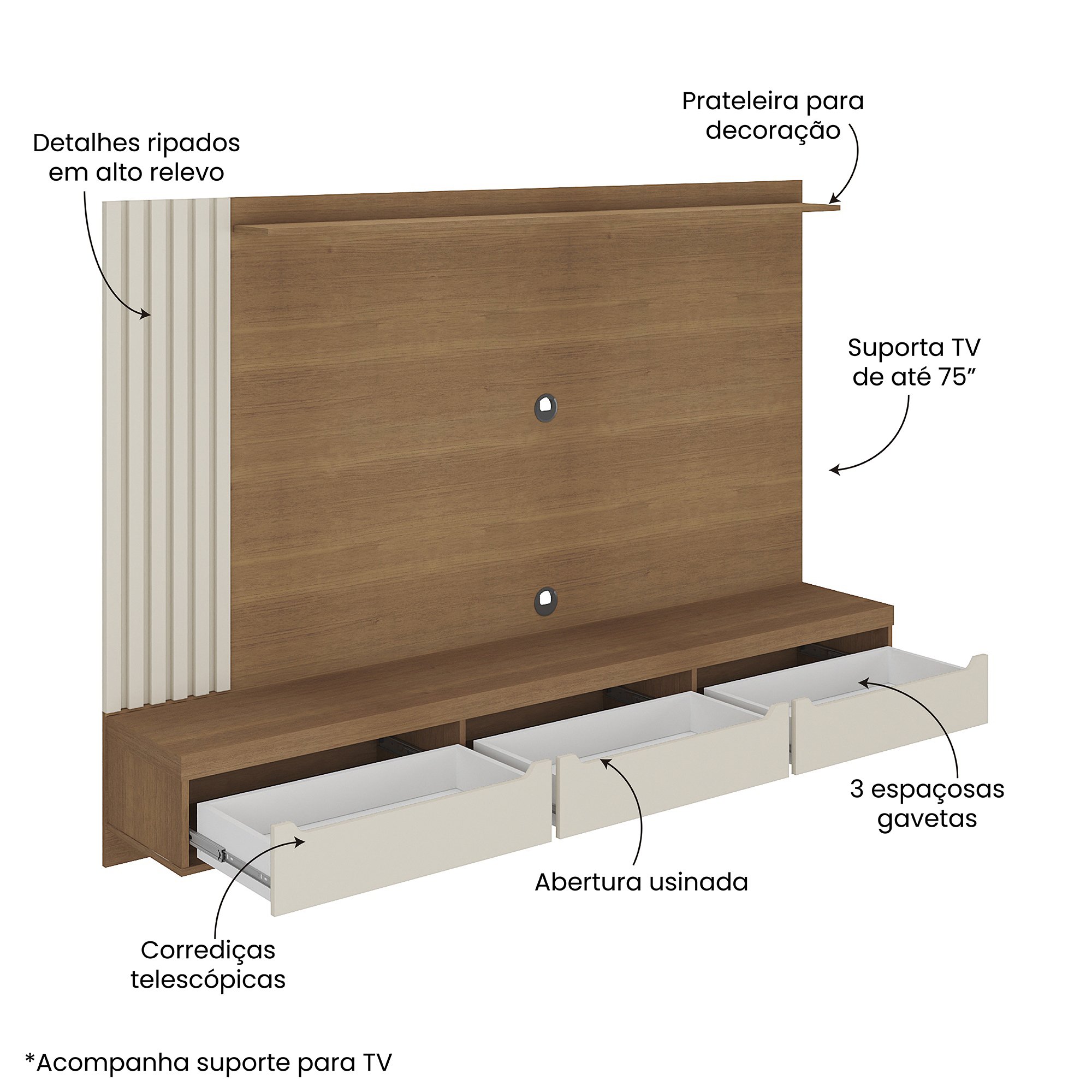 Painel Ripado para TV até 75 Polegadas 200cm 3 Gavetas 1 Prateleira Madagascar - 6