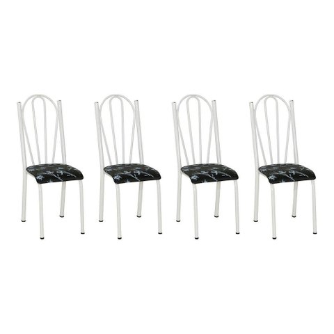 Kit 4 Cadeiras de Cozinha Alasca Estampado Preto Florido Pés de Ferro Branco - Pallazio