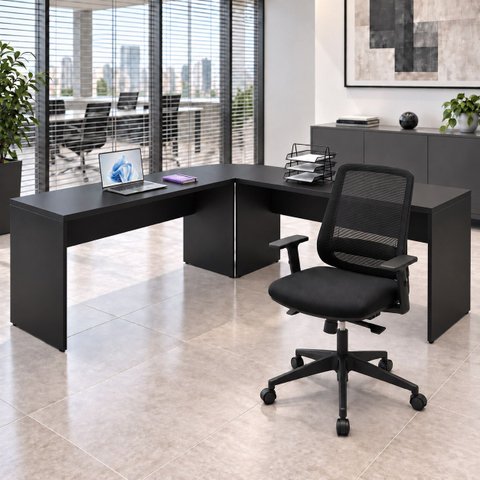Mesa de Escritório em L 140x60cm com Conexão + Cadeira de Escritório Netflex Ergonômica Reclinável