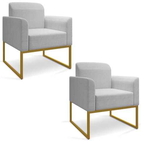 Kit 02 Poltronas Marisa Linho Cinza A05 Base Industrial Metálica Dourado - D’Rossi