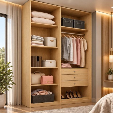 Guarda Roupa Closet Aberto 3 Gavetas 100% MDF Infinity Bege/Savana