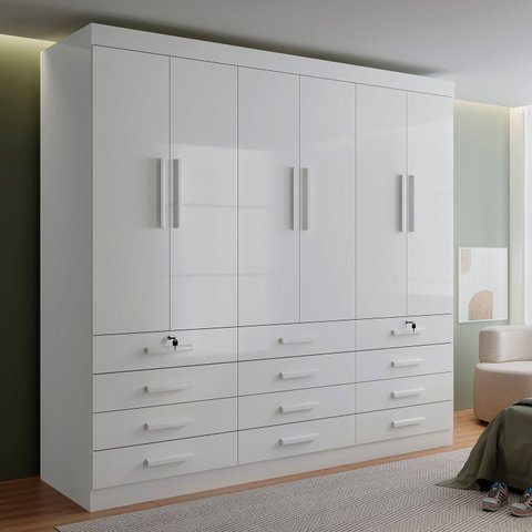 Guarda Roupa Casal MDF 6 Portas 12 Gavetas Marselha Plus Branco