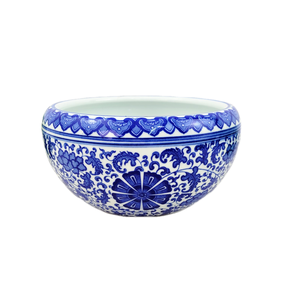 Vaso Azul e Branco Floral 12x23x23cm Porcelana Cachepot