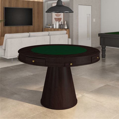 Mesa de Jogos Carteado 4 Lugares Bellagio com Gavetas e Tampo Reversível Base Cone com Tecido Tabaco