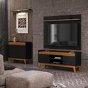 Ver imagem 3 de Conjunto Sala de Estar Buffet 2 Portas e Rack com Painel Ripado 136cm - Vianossa - Preto/cedro