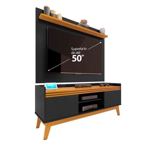 Conjunto Sala de Estar Buffet 2 Portas e Rack com Painel Ripado 136cm - Vianossa - Preto/cedro