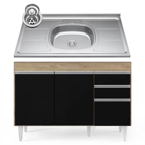 Balcão Gabinete com Pia Inox 120cm Michigan Castanho-preto - Lumil