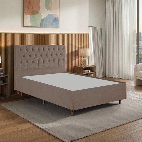 Kit Cama Box Casal e Cabeceira em Madeira Maciça Estofada Espresso Móveis Marrom